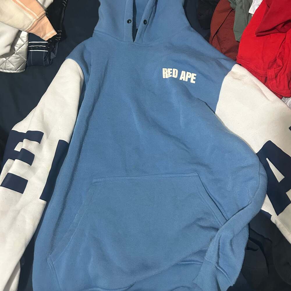 Vintage RED APE Blue & White Hoodie with Logo Sleeves - Mens Medium